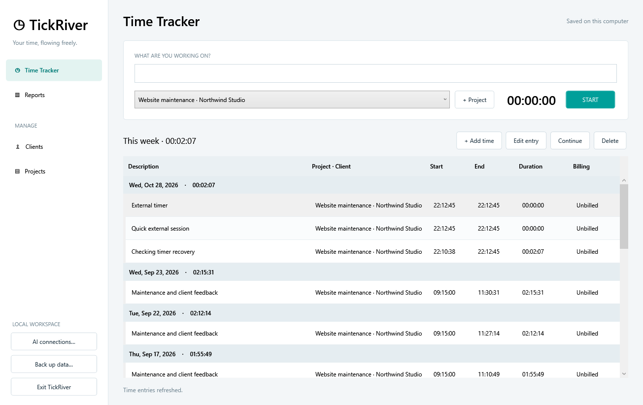 TickRiver Time Tracker with a project selector, Start button, and a list of recorded time entries